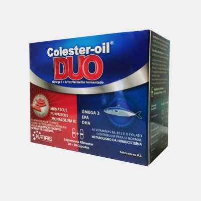 Embalagem azul e vermelha de suplemento alimentar Colester-oil DUO