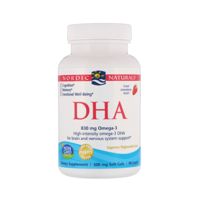 Frasco branco de suplemento alimentar DHA da Nordic Naturals com rótulo colorido e texto detalhado