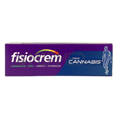 Embalagem roxa do creme Fisiocrem com texto e figura humana