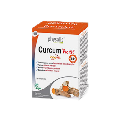 Caixa de comprimidos Curcum'Actif longvida 65+ da Physalis com imagem de raiz de curcuma