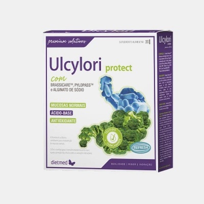Embalagem de suplemento Ulcylori Protect com ilustração de trato digestivo e texto informativo