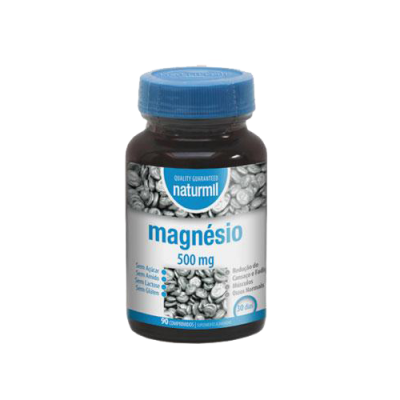 Frasco de suplemento de magnésio Naturmil com tampa azul e rótulo branco e azul