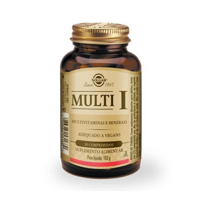 Frasco de suplemento alimentar MULTI I da Solgar com rótulo bege e tampa dourada
