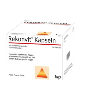 Embalagem branca de cápsulas Rekonvit Kapseln com texto preto e vermelho e triângulo laranja/amarelo
