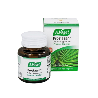 Suplemento alimentar A.Vogel Prostasam em cápsulas moles, embalagem branca e verde com texto em inglês
