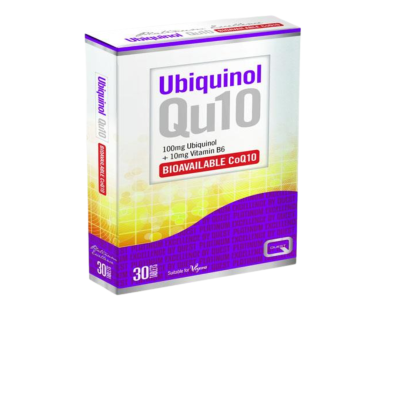 Caixa de suplemento Ubiquinol Qu10 com texto sobre dosagem e indicações, design branco, amarelo e roxo