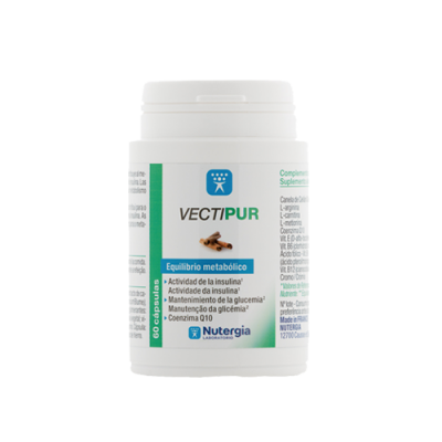 Frasco branco de suplemento alimentar Vectipur com rótulo branco e verde