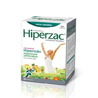 Caixa branca de comprimidos Hiperzac com texto verde e imagem de mulher num campo florido