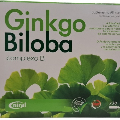 Caixa de suplemento alimentar Ginkgo Biloba complexo B com folhas verdes e texto em português.