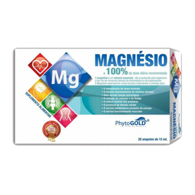 Caixa de suplementos MAGNÉSIO PhytoGOLD com 20 ampolas e descrição dos benefícios