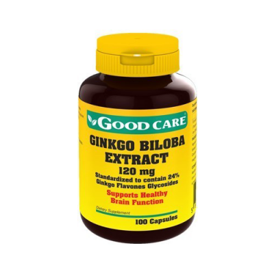 Frasco amarelo de Good Care Ginkgo Biloba Extract 120 mg com 100 cápsulas