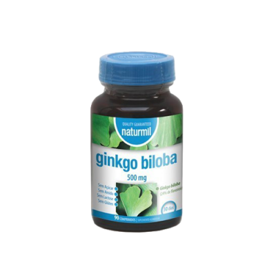 Frasco de comprimidos de ginkgo biloba naturmil com tampa azul e etiqueta branca e azul