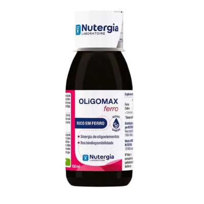 Frasco de suplemento OLIGOMAX ferro da Nutergia com rótulo branco, azul e rosa