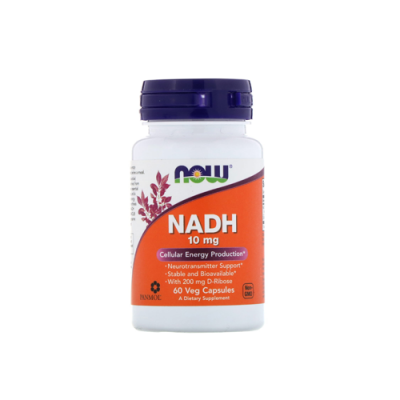 Frasco branco de suplemento NADH 10 mg com rótulo laranja e tampa roxa