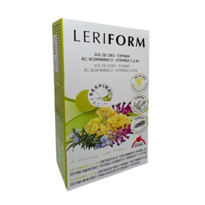 Embalagem Leriform branca e verde com texto e imagens de flores amarelas e roxas