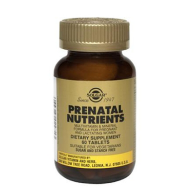 Frasco de suplemento alimentar Solgar Prenatal Nutrients amarelo com tampa dourada