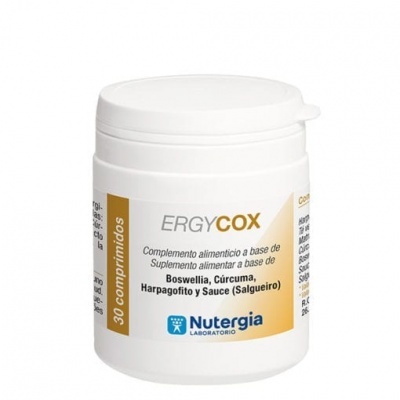 Frasco branco de suplemento alimentar ERGYCOX da Nutergia com 30 comprimidos.