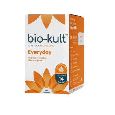 Embalagem do produto bio-kult Everyday com detalhes laranja e texto informativo