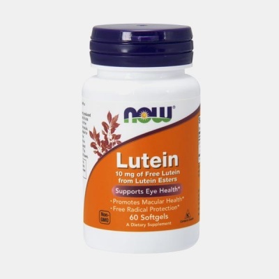 frasco branco de suplemento NOW Lutein com tampa roxa e rótulo laranja