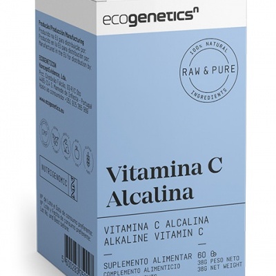 Caixa azul clara e branca de suplemento Vitamina C Alcalina ecogenetics