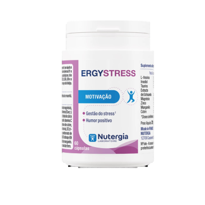Recipiente de suplemento ERGYSTRESS da Nutergia com rótulo branco e detalhes roxos e azuis