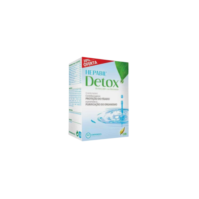 Caixa do suplemento Hepabil Detox em branco com detalhes verdes e azuis