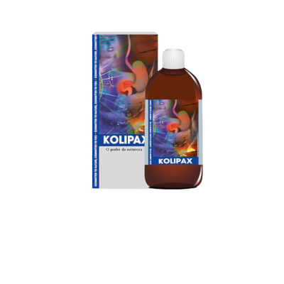 Frasco e embalagem do produto Kolipax com rótulos coloridos e texto visível