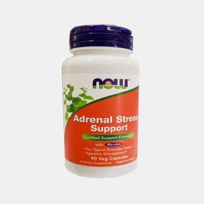Frasco de suplemento NOW Adrenal Stress Support com cápsulas vegetarianas.