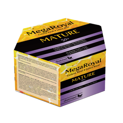 Embalagem octogonal do suplemento MegaRoyal MATURE 50+, cores amarelo e lilás, texto legível.