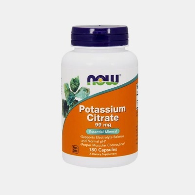 Frasco de suplemento NOW Potassium Citrate 99 mg com tampa roxa e etiqueta laranja