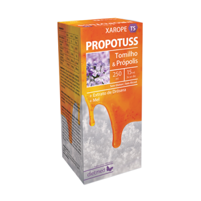 Embalagem laranja e cinza de xarope Propotuss TS com imagem de flores lilases