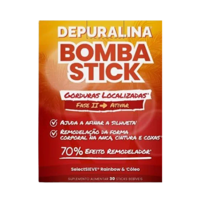 Embalagem de suplemento alimentar Depuralina Bomba Stick laranja e vermelho com texto branco e amarelo