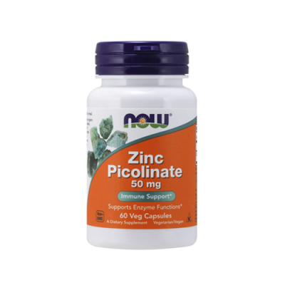 frasco de suplemento NOW Zinc Picolinate 50 mg com tampa azul escura
