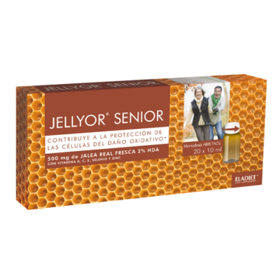 Caixa de suplemento alimentar JELLYOR SENIOR com favos de mel e texto em castelhano