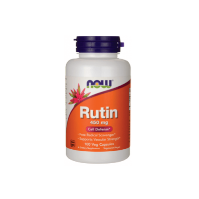 Frasco branco de suplemento Rutin 450 mg com rótulo laranja e tampa azul escuro