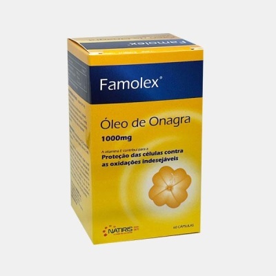 Embalagem de suplemento Famolex Óleo de Onagra 1000mg, azul e amarelo com texto e imagem de flor