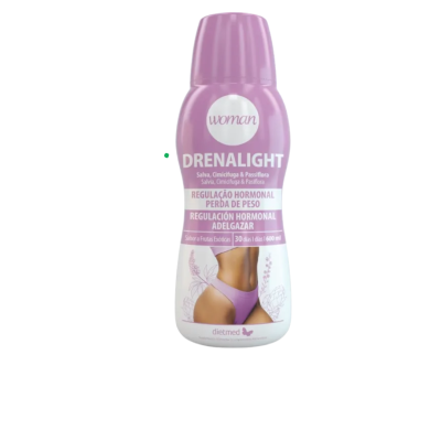 frasco rosa e branco com tampa roxa e rótulo DRENALIGHT Woman para perda de peso