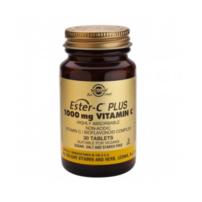 Frasco de Ester-C Plus 1000 mg Vitamina C da Solgar com rótulo amarelo e texto em inglês