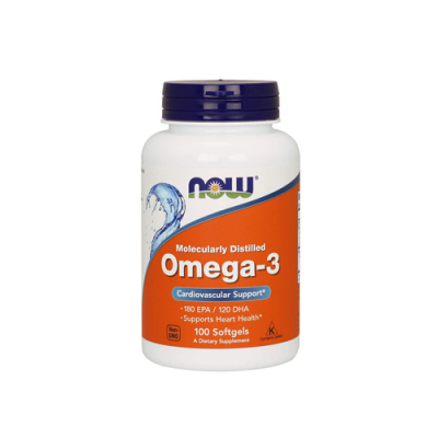 Frasco de suplemento Omega-3 NOW branco com tampa roxa e etiqueta laranja