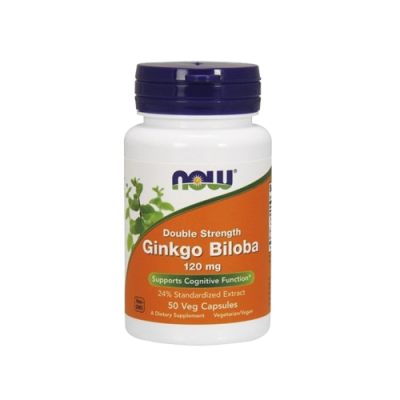 Frasco de suplemento alimentar NOW Ginkgo Biloba 120 mg com rótulo laranja e branco