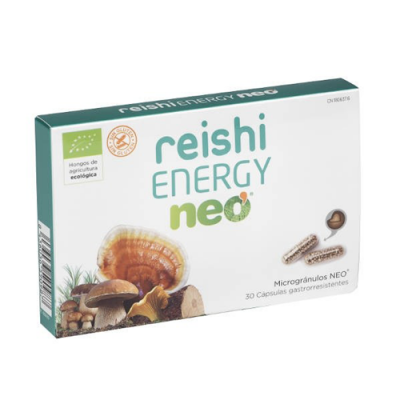 Embalagem de cápsulas Reishi Energy Neo com imagens de cogumelos e texto informativo
