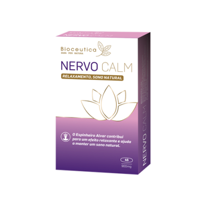 Caixa do suplemento alimentar Bioceutica Nervo Calm em rosa e roxo