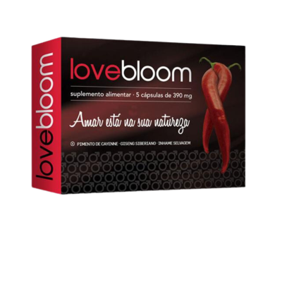 Embalagem do suplemento alimentar lovebloom preta e vermelha com pimentos vermelhos e texto