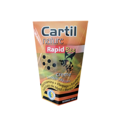 Creme Cartil nature Rapid Bee em embalagem laranja e amarelo com abelha e hexágonos