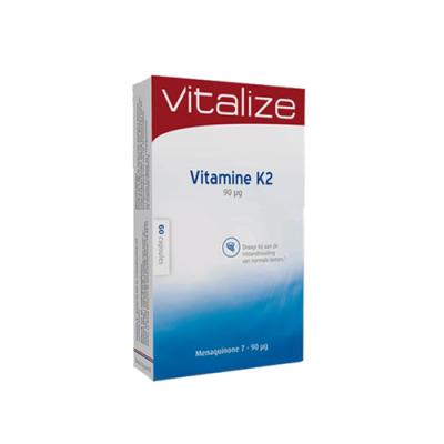 Caixa de suplemento alimentar Vitalize Vitamine K2 em branco, azul e vermelho
