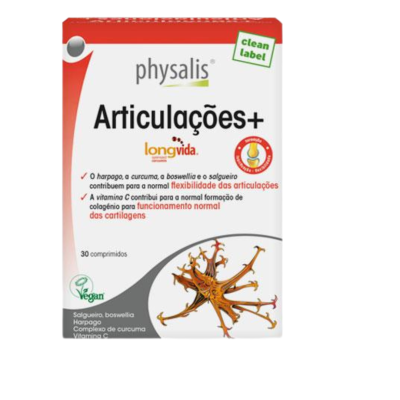 Caixa de comprimidos Physalis Articulações+ com selos clean label e Vegan