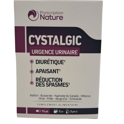 Embalagem branca e roxa do suplemento alimentar Prescription Nature CystalGic Urgence Urinaire.