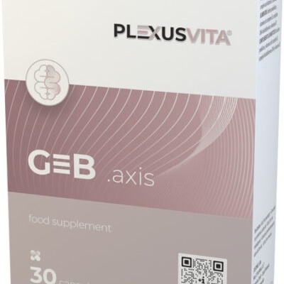 Embalagem do suplemento alimentar PlexusVita GEB.axis com 30 cápsulas e design em branco e rosa claro