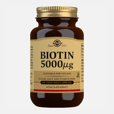 frasco de suplemento alimentar Biotin 5000µg Solgar