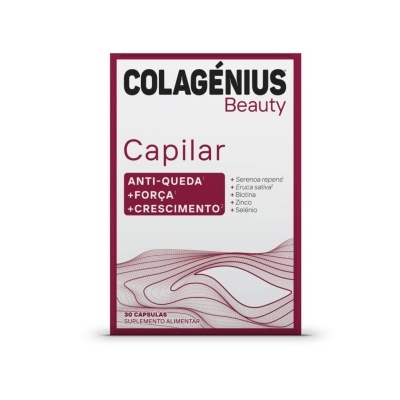 Embalagem de suplemento alimentar Colagénius Beauty Capilar com texto em branco, bordô e preto